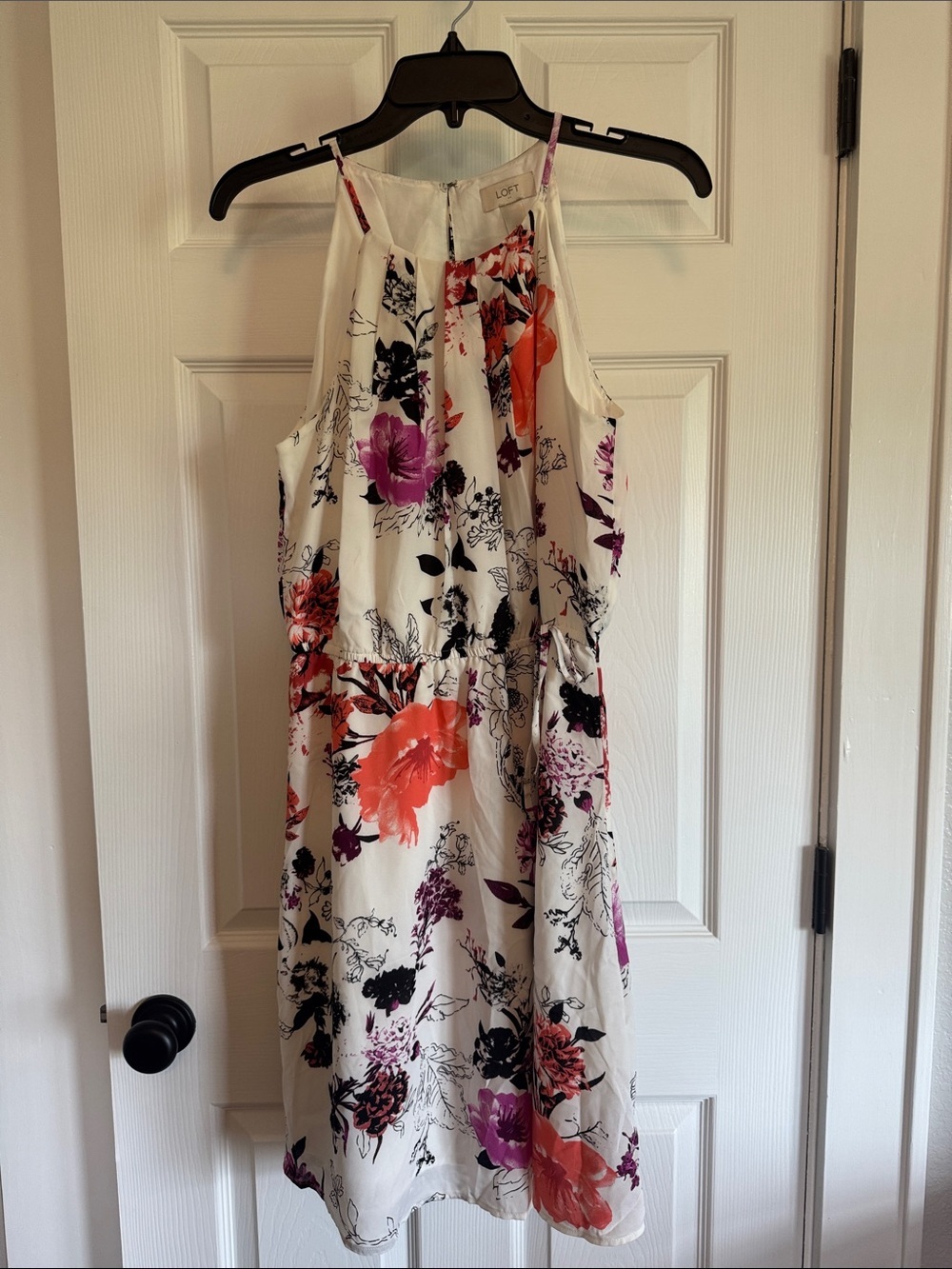 LOFT White Midi Dress with Pink & Orange Floral Print